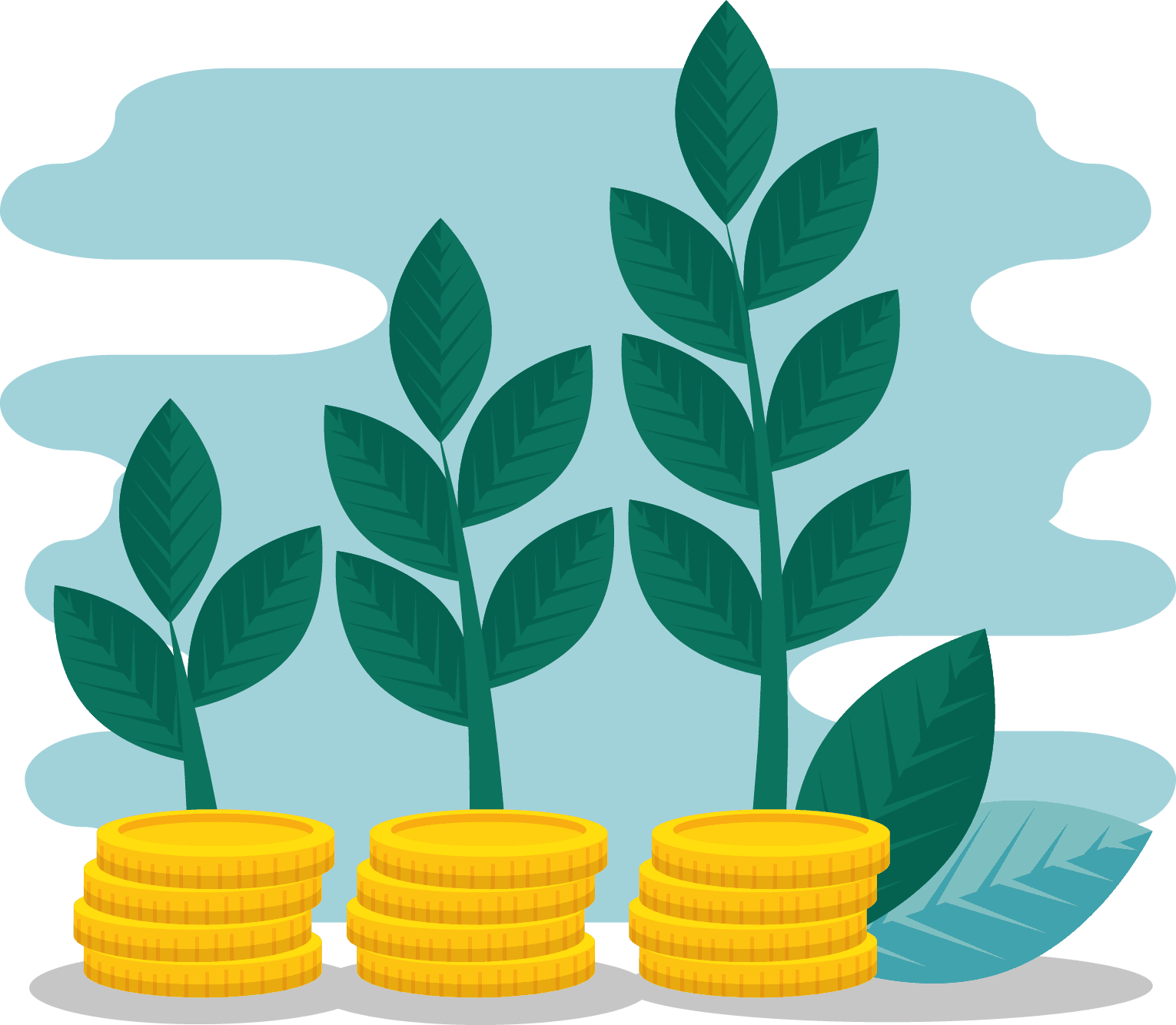 Illustratie van stapels gouden munten waaruit groene planten groeien, symboliserend financiële groei en duurzame investeringen.
