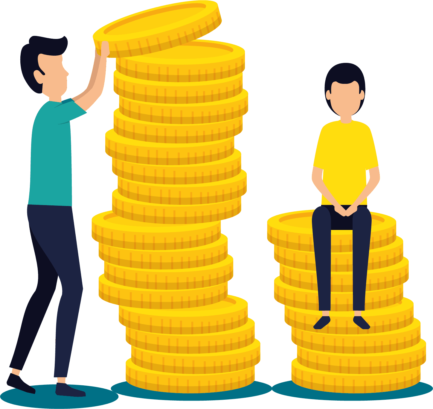 Illustratie van een persoon die een stapel gouden munten hoger maakt terwijl een ander op een kleinere stapel zit, wat financiële groei, investering en het verschil in kapitaalontwikkeling symboliseert.
